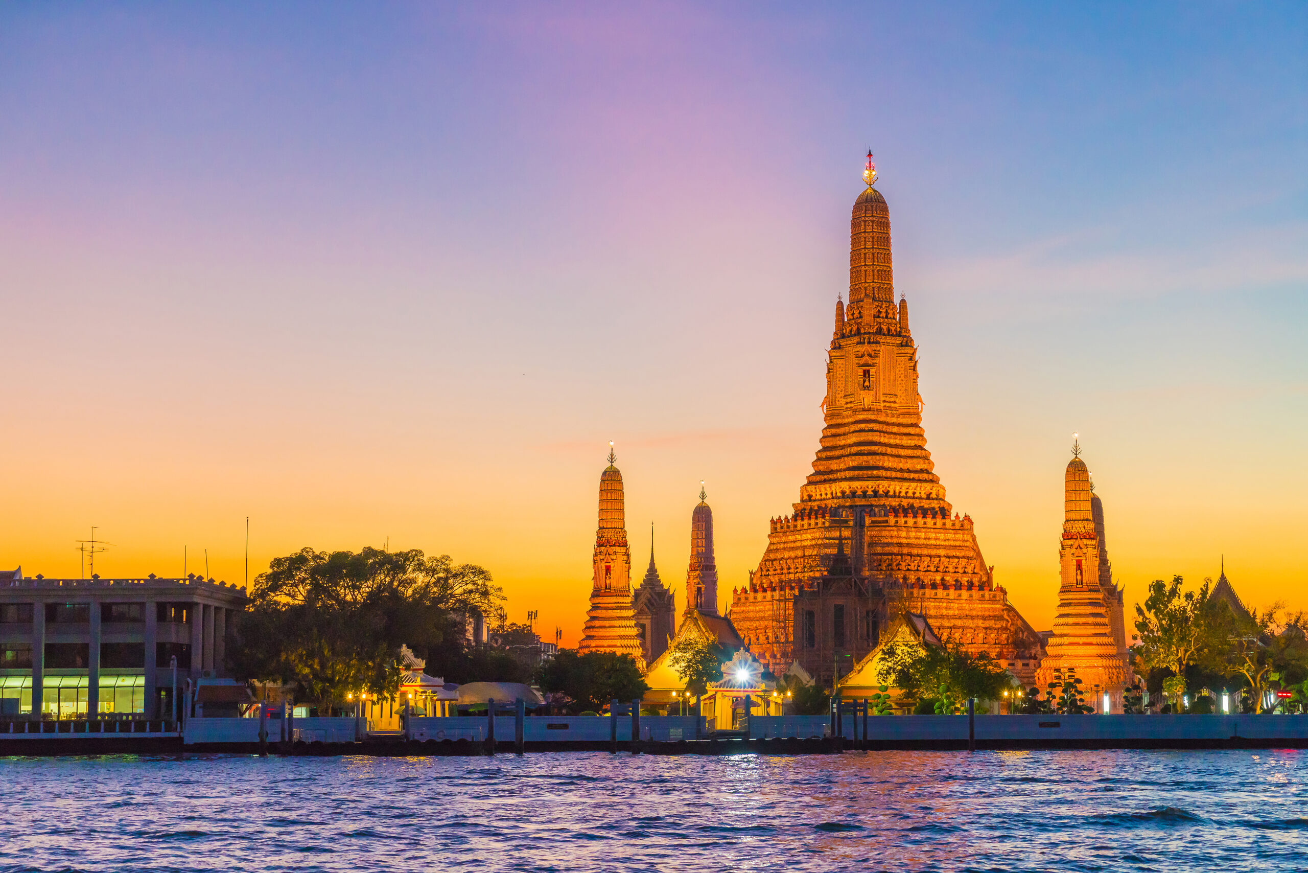 Wat Arun Temple at twilight in Bangkok, Thailand.